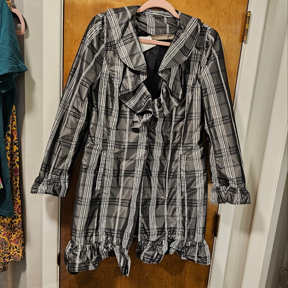 Kenar Plaid Taffeta Ruffled Snap Trench Coat Knee Jacket Gray Shimmer Med